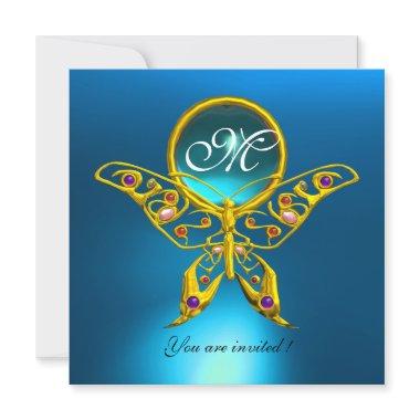 HYPER BUTTERFLY MONOGRAM,blue turquase aquamarine Invitations