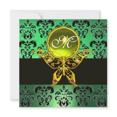 HYPER BUTTERFLY MONOGRAM,green damask, yellow gem Invitations