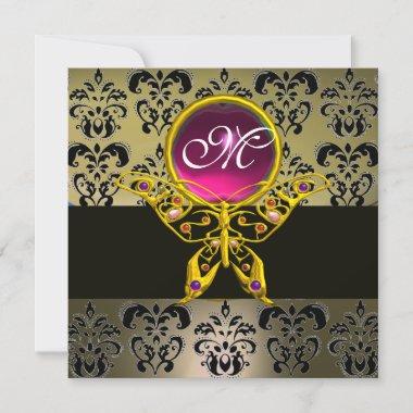 HYPER BUTTERFLY MONOGRAM,grey damask pink ruby red Invitations