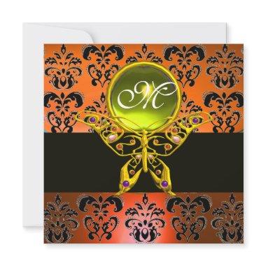 HYPER BUTTERFLY MONOGRAM, orange damask,yellow gem Invitations