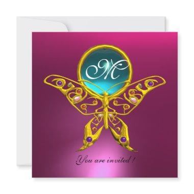 HYPER BUTTERFLY MONOGRAM, pink blue,aquamarine Invitations