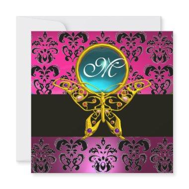 HYPER BUTTERFLY MONOGRAM,pink purple damask blue Invitations