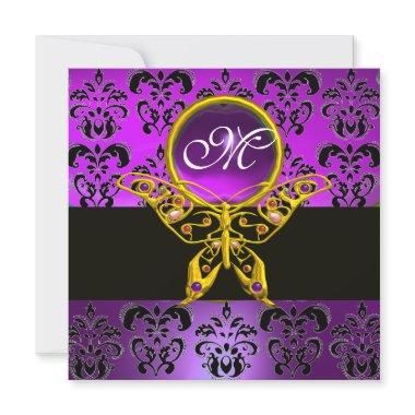 HYPER BUTTERFLY MONOGRAM,purple damask,amethyst Invitations