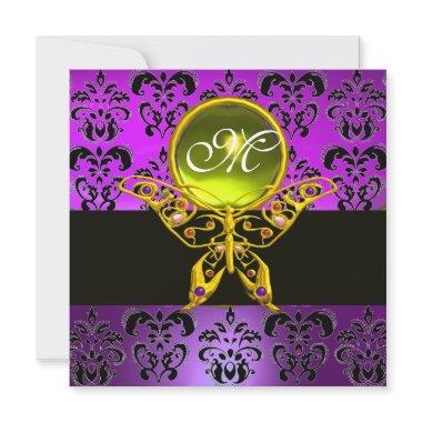 HYPER BUTTERFLY MONOGRAM,purple damask,yellow gem Invitations