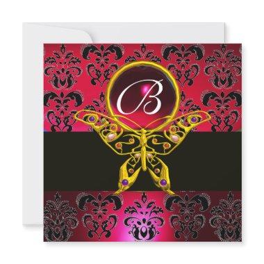 HYPER BUTTERFLY MONOGRAM Red Burgundy Damask Gem Invitations