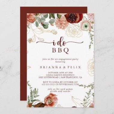 I Do BBQ Gold Rustic Floral Engagement Party  Invitations