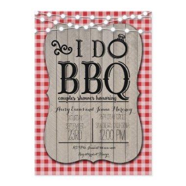 I Do BBQ Red Gingham Couples Shower in Wood Invitations