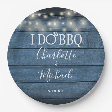 I Do BBQ Rustic Blue Wood String Lights Engagement Paper Plates