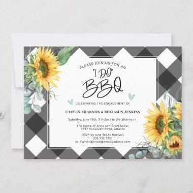 I Do BBQ Sunflower Buffalo Plaid Engagement Party Invitations