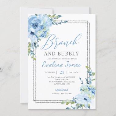 Ice blue floral silver geometric brunch and bubbly Invitations