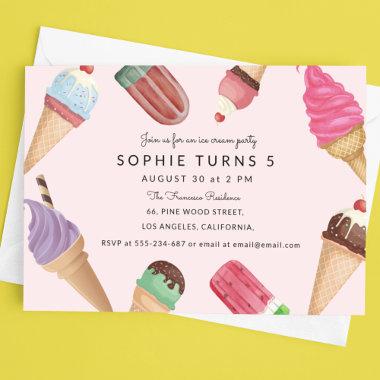 Ice Cream Birthday Pink Summer Party Invitations