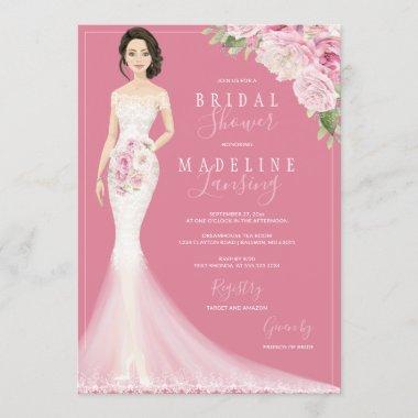 Illustrated Bride in Lace Gown Bridal Shower Invitations