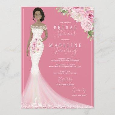 Illustrated Bride in Lace Gown Bridal Shower Invitations