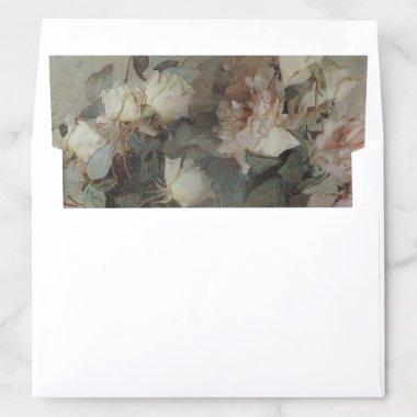 Impressionist Roses Pink White Floral Mint Wedding Envelope Liner