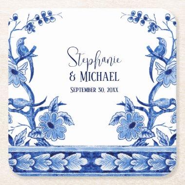 Indigo Blue Chinese Floral Art Bridal Shower Decor Square Paper Coaster