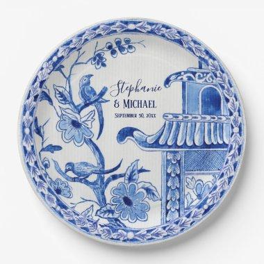 Indigo Blue Chinoiserie Vintage Floral Watercolor Paper Plates