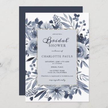 Indigo blue gold floral watercolor bridal shower Invitations