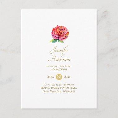 Indulgent Red Rose Watercolor Gold Bridal Shower PostInvitations
