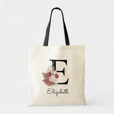 Initial E Modern Pink Boho Girly Floral Tote Bag