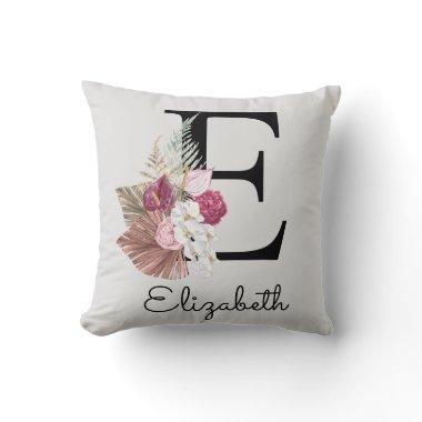 Initial E Modern Pink Floral Throw Pillow
