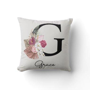 Initial G Monogrammed Pink Boho Floral Throw Pillow