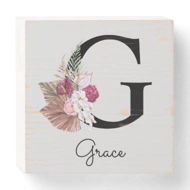 Initial G Monogrammed Pink Boho Floral Wooden Box Sign