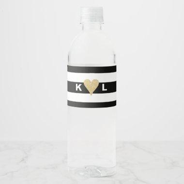Initials and Gold Heart on Black Stripes Wedding Water Bottle Label