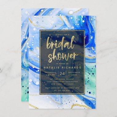 Inky Splash Blue Marble with Gold Bridal Shower Invitations