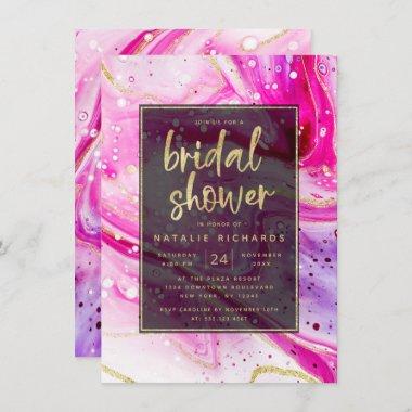 Inky Splash Pink Marble with Gold Bridal Shower Invitations