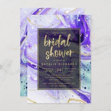 Inky Splash Purple Marble with Gold Bridal Shower Invitations