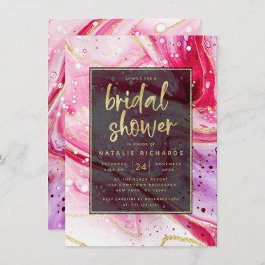 Inky Splash Red Marble with Gold Bridal Shower Invitations