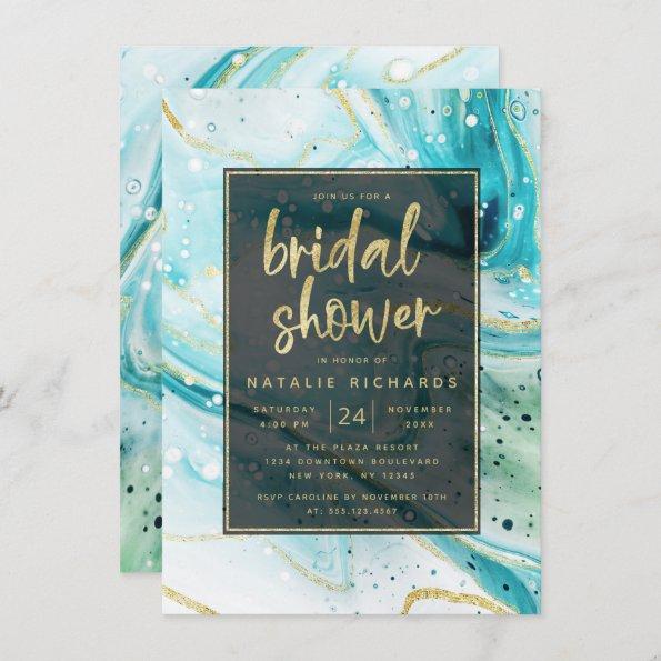 Inky Splash Teal Marble with Gold Bridal Shower Invitations