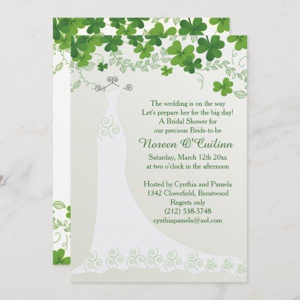 Irish Shamrock, Wedding Gown Bridal Shower Invitations