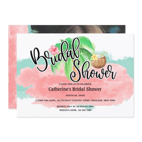 Island palm pink mint coconut flower modern bridal Invitations