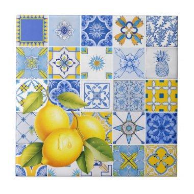 Italian Blue Pattern Lemon Summer Bridesmaid Gift Ceramic Tile