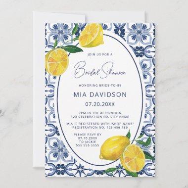 Italian Blue Tile Citrus Lemon Bridal Shower Invitations