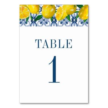 Italian Blue Tile Watercolor Lemon Wedding Table Number