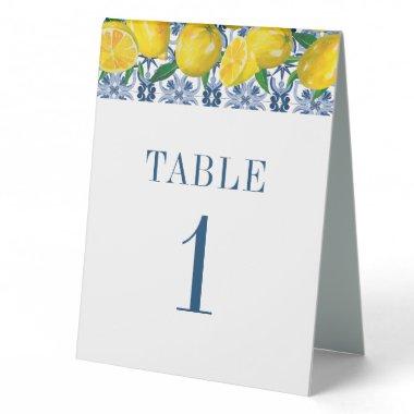 Italian Blue Tile Watercolor Lemon Wedding Table Tent Sign