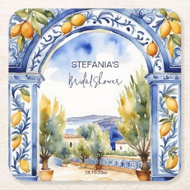 Italian Blue tiles arch lemons bridal shower Square Paper Coaster