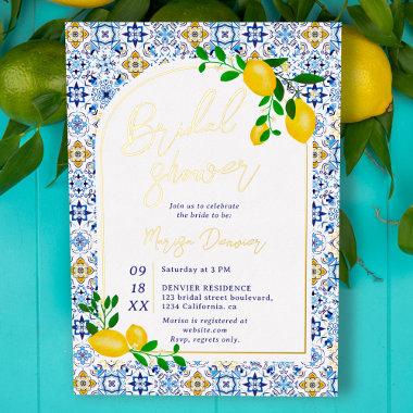 Italian blue tiles watercolor lemon bridal shower foil Invitations