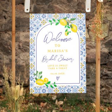 Italian blue tiles watercolor lemon bridal welcome poster