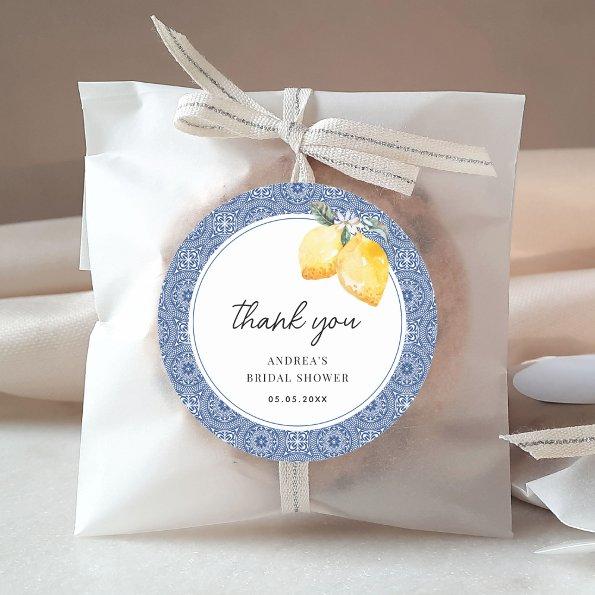 Italian Floral & Blue Tile  Thank You Classic Round Sticker