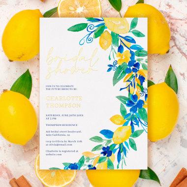 Italian lemon blue floral script bridal shower foil Invitations