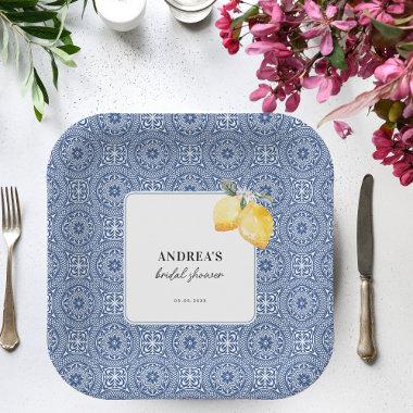 Italian Lemon Floral & Blue Tile Bridal Shower Paper Plates
