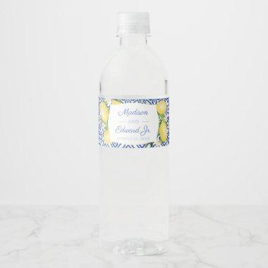 Italian Lemons Blue White Tile Bridal Shower Party Water Bottle Label