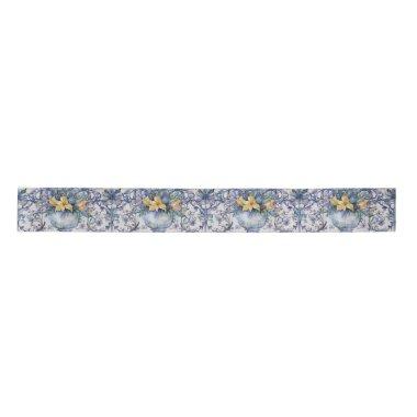 Italian Tile Blue and White Flower Vase Decoupage Satin Ribbon