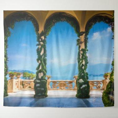 Italian Villa Beach Scene Turquoise Blue Sea Tapestry