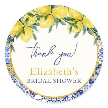 Italian watercolor tiles with lemon,  Classic Round Sticker