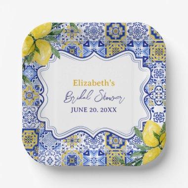 Italian watercolor tiles with lemon  Paper Plates