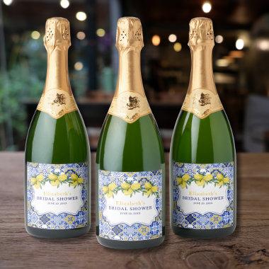 Italian watercolor tiles with lemon,  Sparkling Wine Label